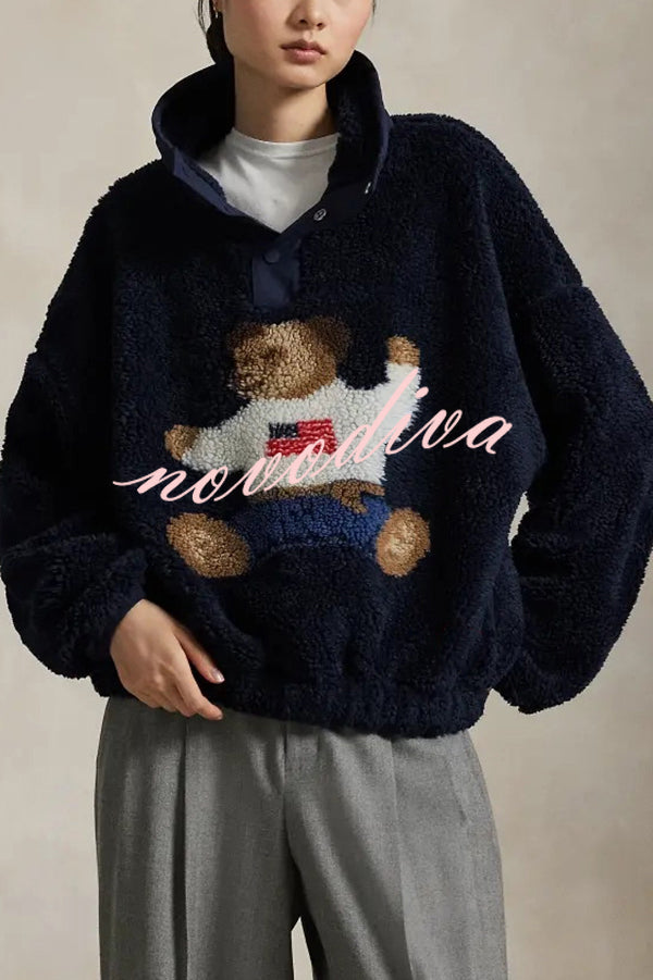 American Retro Polo Bear Pattern Stand Button Neck Long Sleeve Fleece Pullover