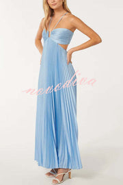 Caught Your Eyes Satin Pleated Cross Straps Cutout Flowing Maxi Dress