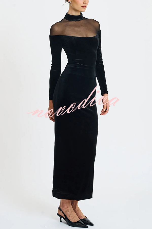 Fashionable Velvet and Mesh Spliced long-sleeved Slim-fit Maxi Dress