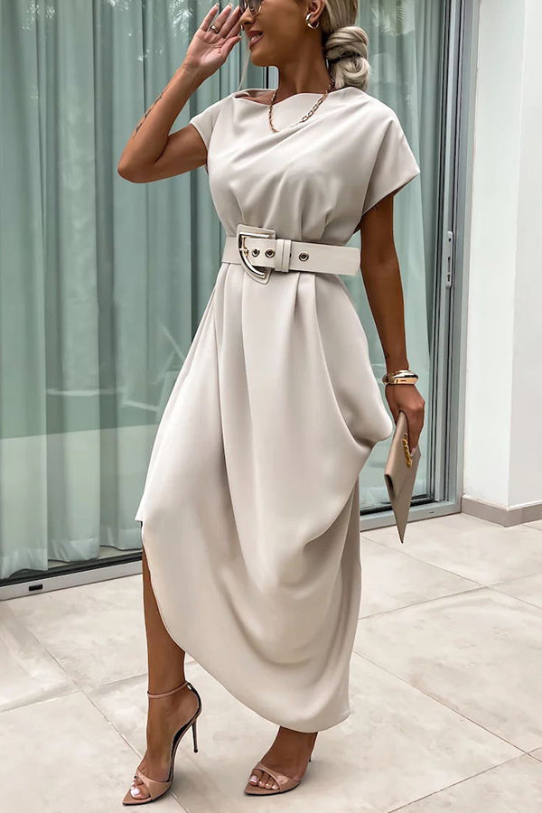 Extraordinary Cut Asymmetrical Short Sleeve Belted Loose Midi Dress