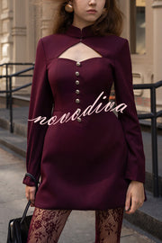 Elegant Long-sleeved Hollowed-out Button-down Slim-fit Mini Dress