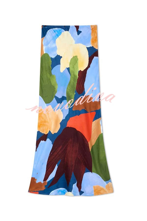 Bright and Bold Satin Abstract Color Blocks Print Elastic Waist Drape Maxi Skirt