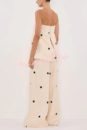 Linen Blend Polka Dot Bandeau Top and Elastic Waist Pocket Wide Leg Pants Set