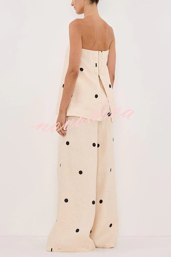 Linen Blend Polka Dot Bandeau Top and Elastic Waist Pocket Wide Leg Pants Set