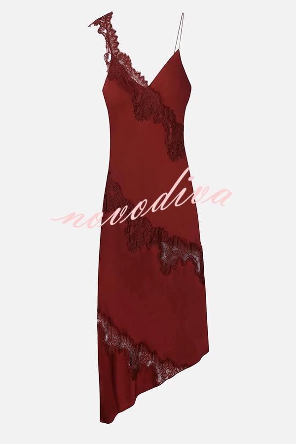 Sexy Lace Stitching Suspender V-neck Asymmetrical Maxi Dress