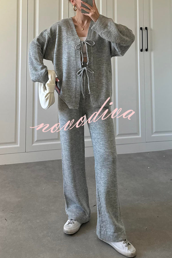 Solid Color V-neck Tie Long-sleeved Loose Knit Cardigan and Elastic Waist Casual Straight Leg Pants Set