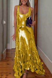 Party Tips Sequin Irregular Round Tassels Hem Back Cutout Tank Maxi Dress