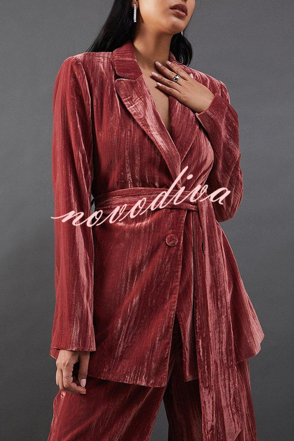 Solid Color Velvet Long-sleeved Waist Tie Top and Elastic Waist Casual Pocket Straight-leg Pants Set