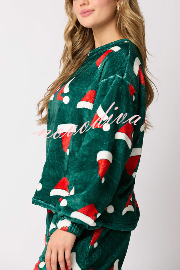 Christmas Printed Crew Neck Long Sleeve Top and Elastic Waist Loose Pants Set