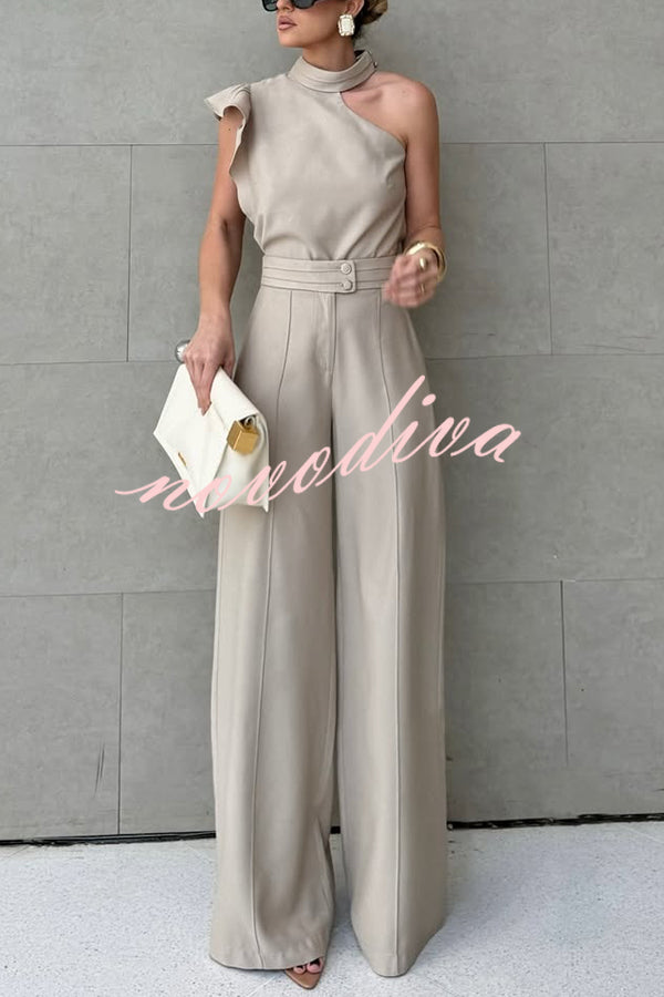 Fashionable One-shoulder Ruffled Top and Casual Simple Straight-leg Suit Pants Set