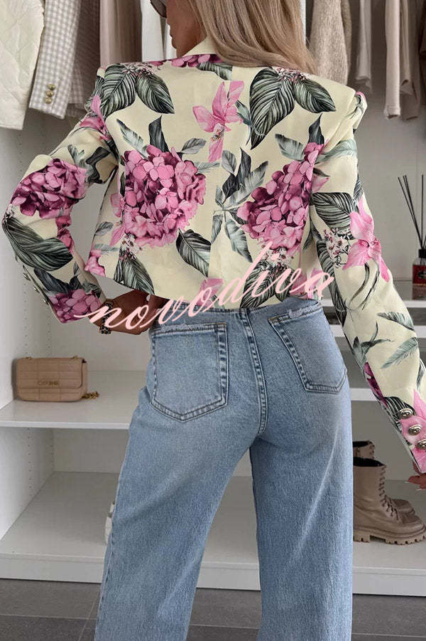 Picture Perfect Botanical Floral Print Long Sleeve Lapel Crop Blazer