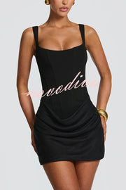 Cornelia Square Neck Back Lace-up Satin Drape Hem Mini Dress