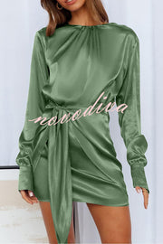 Satin Round Neck Long Sleeve Elastic Tie Mini Dress