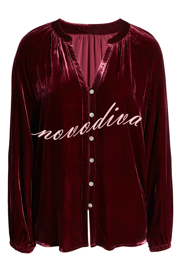 Solid Color Velvet V-neck Long-sleeved Shirt