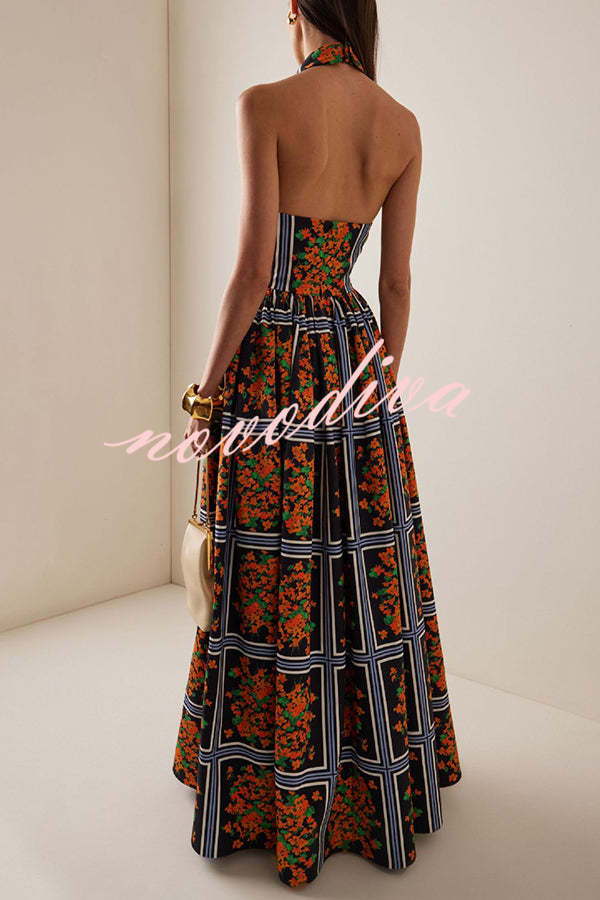 Floral Print Sexy Halter Neck Backless Elegant Maxi Dress