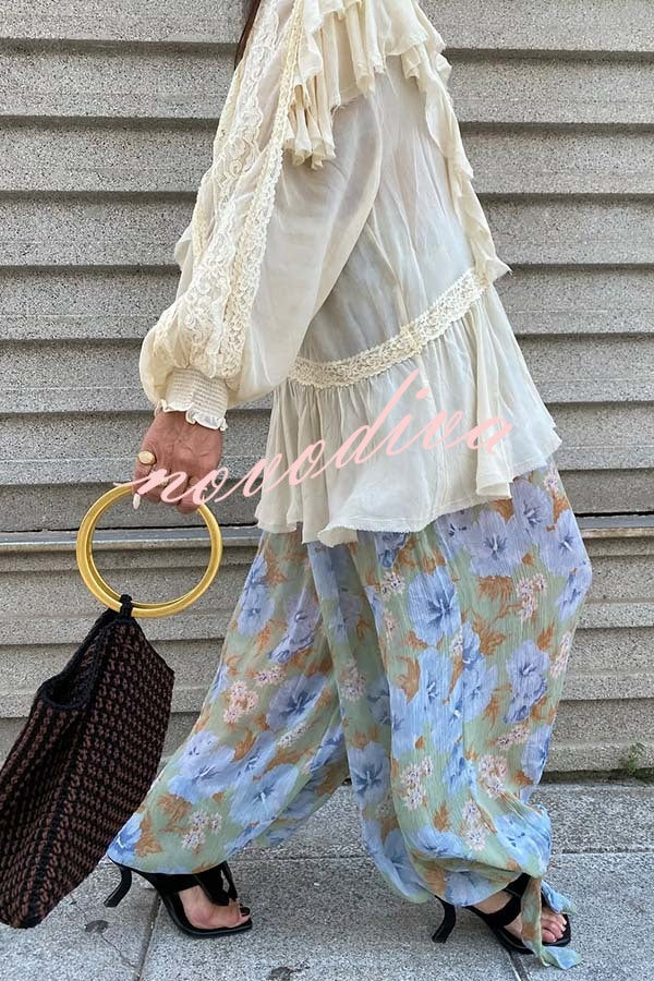 Autumn Boho Chiffon Floral Print Elastic Waist Tie-up Hem Balloon Pants
