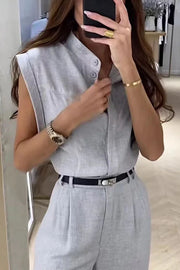 Stylish Sleeveless Button-down Top and Pocket Straight-leg Pants Set