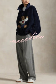 American Retro Polo Bear Pattern Stand Button Neck Long Sleeve Fleece Pullover