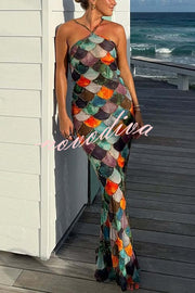 Little Mermaid Colorful Scales Print Halter Maxi Dress