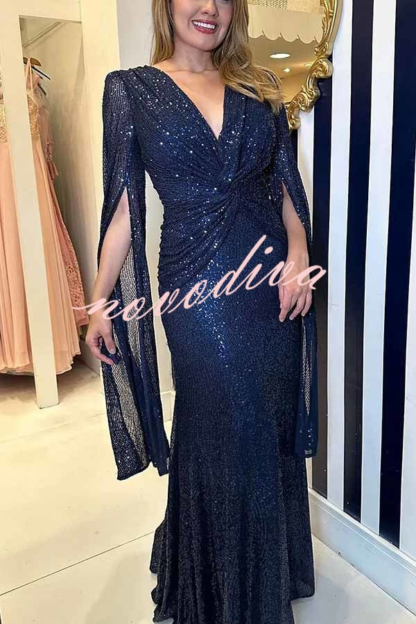 Shine Brighter Sequin Cape Sleeve Cross Waist Evening Maxi Dress