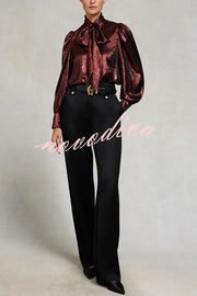 Ariella Metallic Satin Fabric Tie-up Bow Neck Long Sleeve Blouse