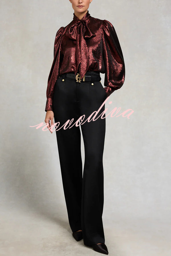 Ariella Metallic Satin Fabric Tie-up Bow Neck Long Sleeve Blouse