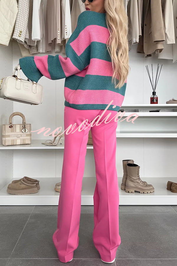 Fashion Contrast Striped Casual V-neck Long-sleeved Knitted Cardigan
