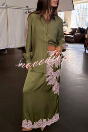 Eye-catching Work Contrast Color Satin Lace Trim Mid Rise Maxi Skirt