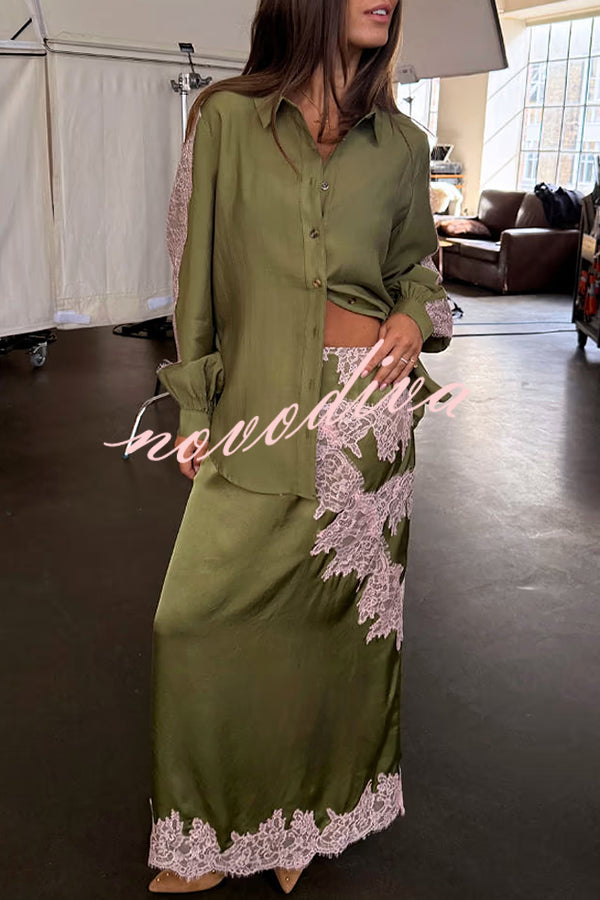 Eye-catching Work Contrast Color Satin Lace Trim Mid Rise Maxi Skirt