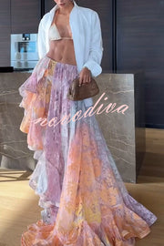 Tesley Lace Gradient Print Elastic Waist Irregular Ruffles Maxi Skirt