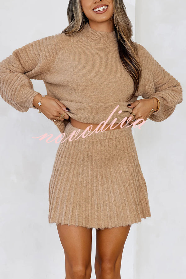 Solid Color Round Neck Puff Sleeve Loose Knit Sweater and Casual Striped Mini Skirt Set