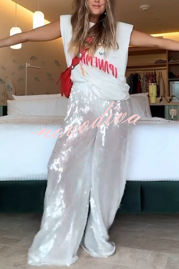 Shining Seaside Sequin Mid Rise Elastic Waist Boyfriend Loose Pants