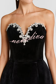 Ines Luxurious Velvet Jewel-encrusted Sweetheart Off Shoulder Neck Tulip Stretch Mini Dress
