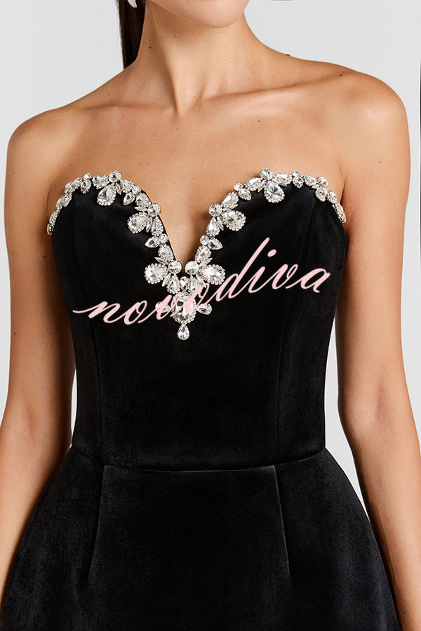 Ines Luxurious Velvet Jewel-encrusted Sweetheart Off Shoulder Neck Tulip Stretch Mini Dress