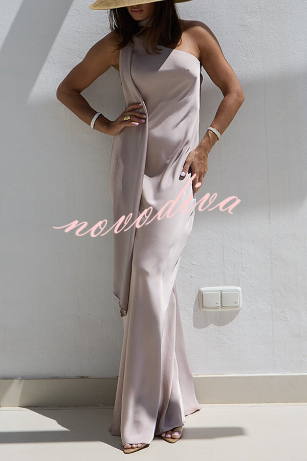 Cheers Babe Satin Solid Color Elegant One Shoulder Tie Maxi Dress