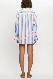 Stripe Print Lapel Long-sleeved Casual Shirt and Elastic Waist Loose Shorts Set