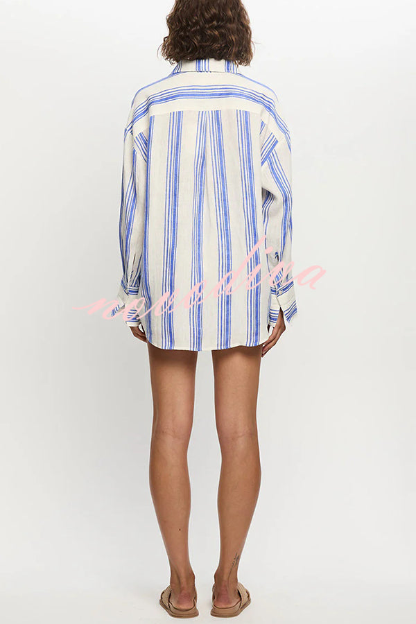 Stripe Print Lapel Long-sleeved Casual Shirt and Elastic Waist Loose Shorts Set
