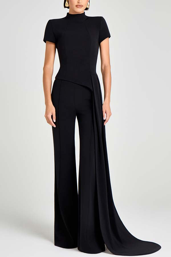 Pippa High Neck Short Sleeve Irregular Drape Hem Top and Elastic Waist Flare Pants Set