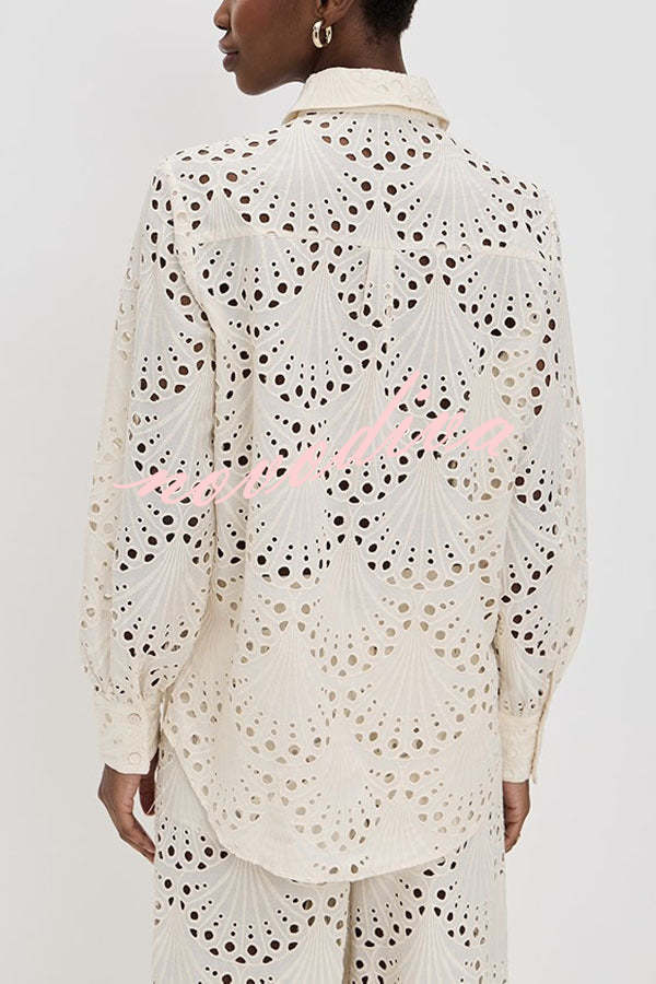 Lillah Embroidered Lace Shell Pattern Long Sleeve Loose Blouse