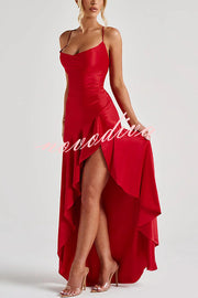 Solid Color Sexy Backless Lace-up Irregular Ruffled Maxi Dress