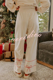 Candy Cane Cutie Loose Bow Tie Long-Sleeved Sweatshirt and Elastic Waist Pocket Pants Set