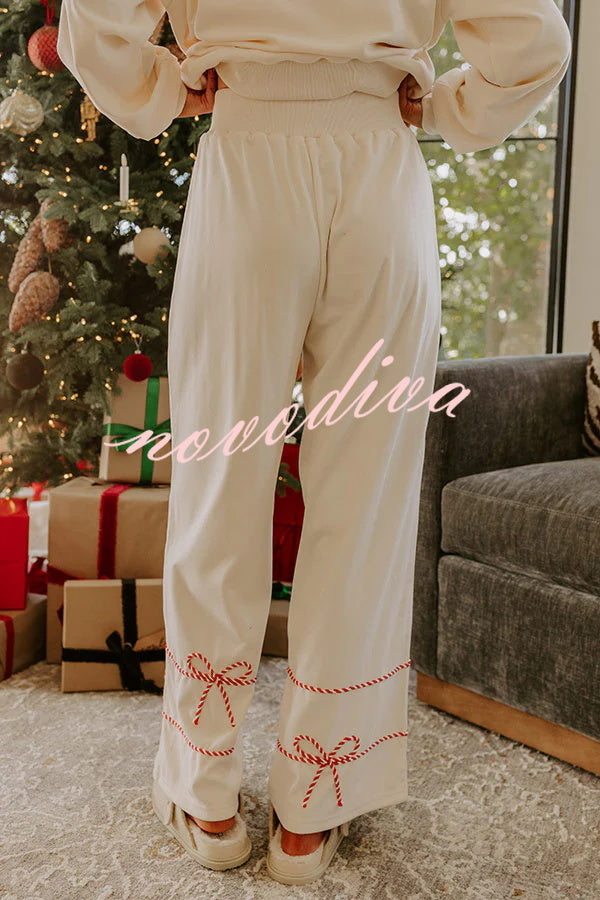 Candy Cane Cutie Loose Bow Tie Long-Sleeved Sweatshirt and Elastic Waist Pocket Pants Set