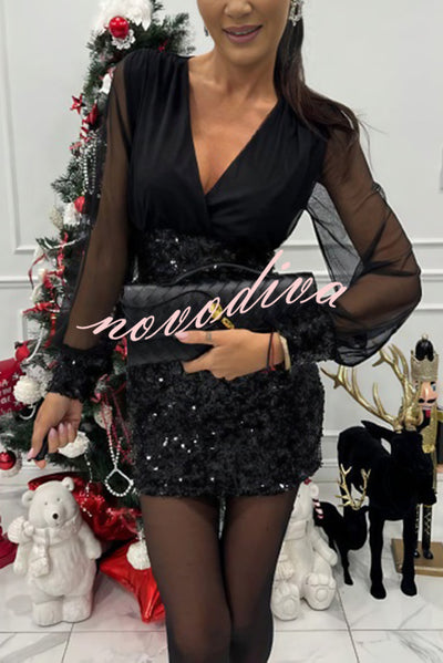 Whisper and Wine Sheer Tulle Sequin Patchwork V-neck Long Sleeve Mini Dress