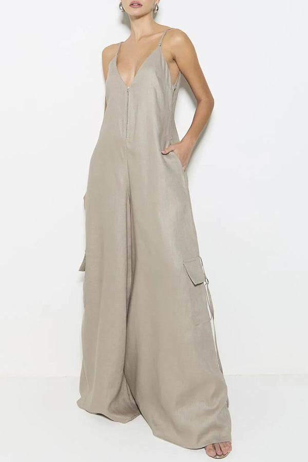 Zola Center Front Zipper Pocketed Wide Leg Loose Cargo Slip Jumpsuit