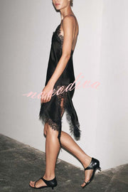 Elouise Satin Lace Trim V-neck Asymmetrical Hem Slip Mini Dress