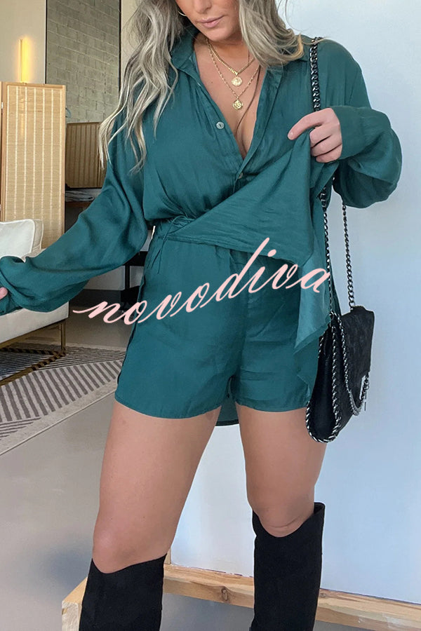 Solid Color Long Sleeve Button Casual Shirt-Style Rompers
