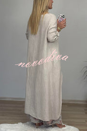 Linen Blend Crew Neck Long Sleeve Irregular Loose Top and Elastic Waist Floral Print Casual Pocket Set