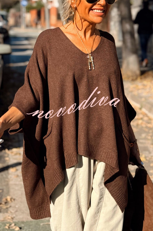 Fashion V-neck Loose Pocket Mid-length Knitted Sweater
