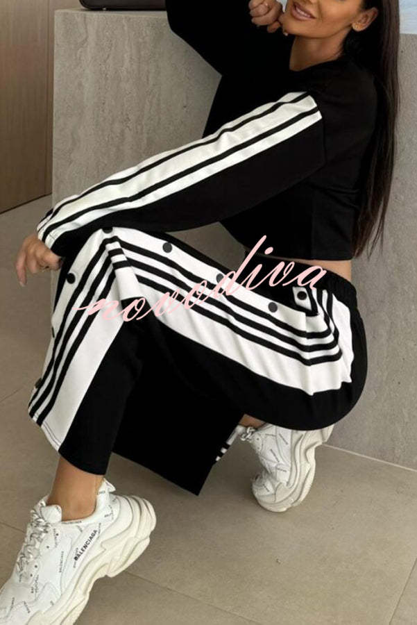 Sporty Chic Striped Patchwork Sweatshirt and Elastic Waist Side Button Up Loose Pants Set