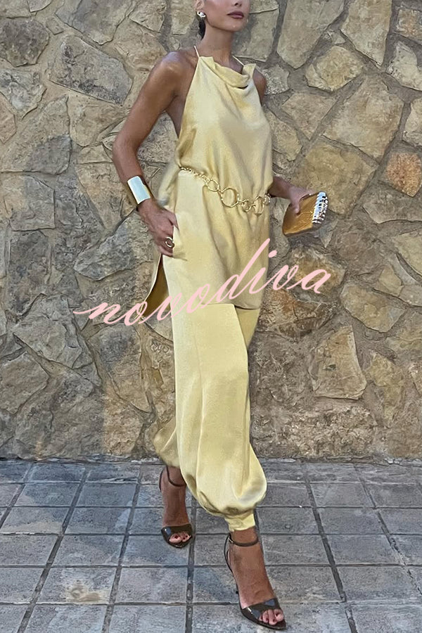 Satin Solid Color Loose Backless Casual Top